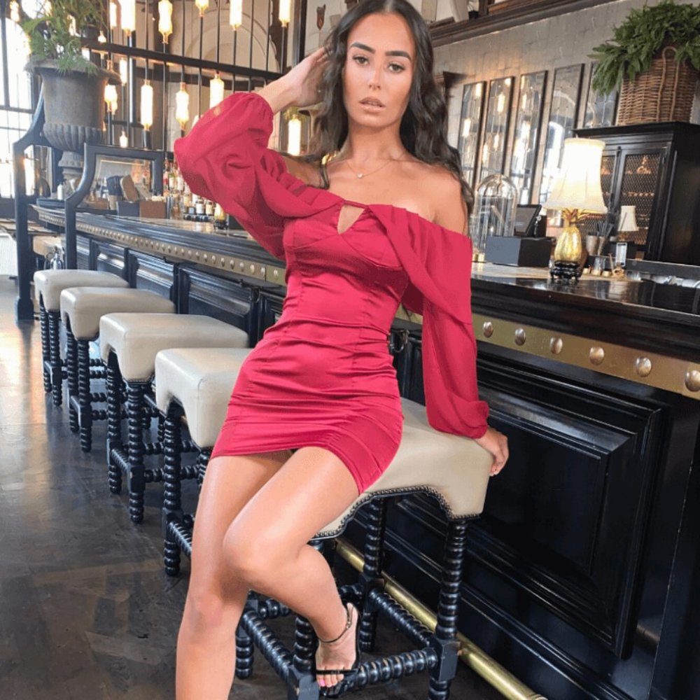 Burgundy Satin Silk Long Balloon Sleeve Off Shoulder Bodycon Mini Dress - Picture 5 of 8